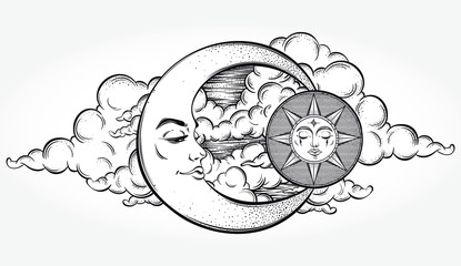 Wall Mural - Vintage hand drawn moon, sun and night sky. Vector illustration for coloring book, t-shirts design, tattoo, art.Vector illustration.