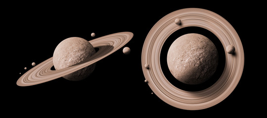 Wall Mural - set saturn planets in deep space with rings and moons surrounded. isolated on black