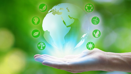 Hand holding with earth and environment icons over the Network connection on nature background, Technology ecology concept.