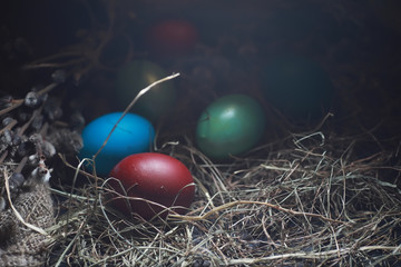 Easter painted eggs on burlap