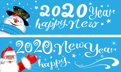 Poster - Cute funny Christmas cards, banners. Two cards with Santa Claus and snowman on a blue background. Happy new year lettering. Illustration in cartoon style. Vector graphic