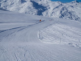 France, February 2018: Mountains with snow in winter. Meribel Ski Resort, Meribel Village Center (1450 m)