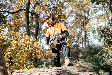 Wall Mural - Full length portrait of a professional lumberman in protective workwear logging with chainsaw in the pine forest