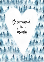 Wall Mural - greeting card with watercolor forest background and white heart. loving nature.