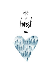 Wall Mural - greeting card with watercolor forest heart. loving nature. isolated on white background.