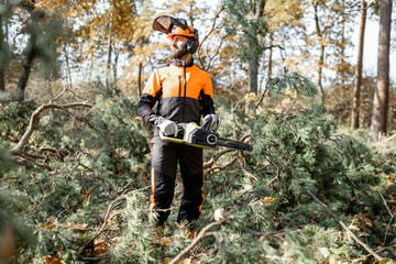 Canvas Print - Full length portrait of a professional lumberman in protective workwear logging with chainsaw in the pine forest