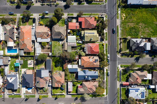 Aerial top down view of houses in the Melbourne suburb of Preston Victoria on a summers day
