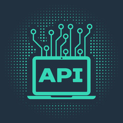 Green Computer api interface icon isolated on blue background. Application programming interface API technology. Software integration. Abstract circle random dots. Vector Illustration