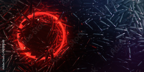 Fotografía dark background made of bullets with glowing red circle of light for logo and dark copy space