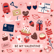 Valentine's Day Elements With Text And Layout Template For Cards And Banner Design : Vector Illustration