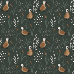 Wall Mural - Hand drawn seamless pattern with cute Ducks in a reeds. Wild ducks in natural landscape repetitive background. Trendy vector illustration.