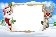 Santa Claus And Christmas Reindeer Peeking Around A Sign In A Snowy Scene Winter Landscape Cartoon