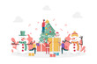 © ST.art - concept of Merry Christmas celebration with large gifts, pine tree, snowman, Santa Claus and tiny people, flat vector illustration for web, landing page, ui, banner, editorial, mobile app and flyer.