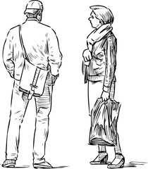 Sticker - Freehand drawing of casual citizens couple standing on street and talking