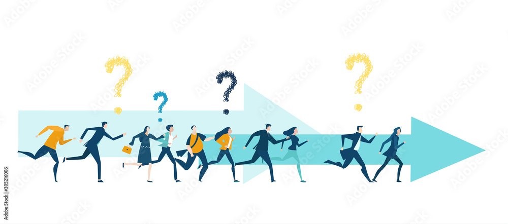 Lots of business people running with question marks. Future opportunity, better salary, education, competitive business environment.  - obrazy, fototapety, plakaty 