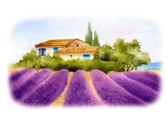 Sunny summer landscape of Provence with a lavender field and a house hand drawn in watercolor isolated on a white background. Watercolor illustration. Ideal for creating invitations, greeting cards. 