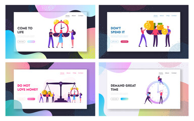  Time and Money Website Landing Page Set. Businesspeople Weighing Clock and Stack of Coins on Huge Scales. Women around of Watch. Balance in Life Web Page Banner. Cartoon Flat Vector Illustration