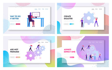 Wall Mural - people engaged in business strategy and analysis website landing page set. tiny businesspeople movin