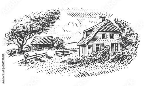 Plakat Rustykalny  dom-w-wiejskim-stylu-grawerowanie-ilustracji-zabytkowy-styl-wektor-niebo-w-osobnej-warstwie