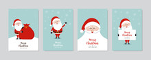 Cute Santa Claus Card Set. Merry Christmas And Happy New Year Greeting Winter Snowy Background Lettering Vector. Christmas Card Set.