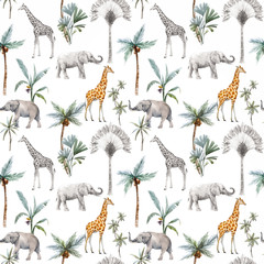 watercolor vector seamless patterns with safari animals and palm trees. elephant giraffe.