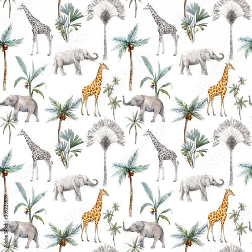 Obraz w ramie Watercolor vector seamless patterns with safari animals and palm trees. Elephant giraffe.