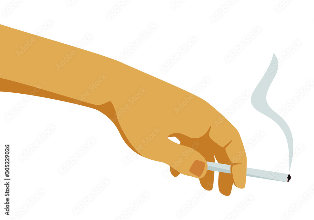 cartoon hand holding a cigarette A hand holding cigarette illustration. smoking cigarette cartoon flat  style. Stock Vector