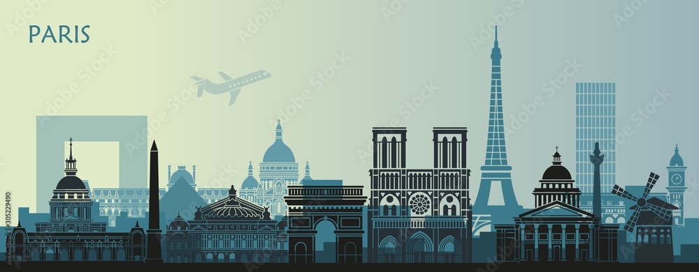 Stylized landscape of Paris with Eiffel tower, arc de Triomphe and Notre Dame Cathedral and other attractions - obrazy, fototapety, plakaty 