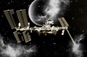 Wall Mural - a spaceship is approaching an unknown planet. space odyssey concept. some elements of this image are