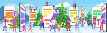 People In Santa Hats Using Mobile Application Mix Race Men Women Holding Gift Boxes Online Shopping Concept Christmas New Year Holidays Celebration Smartphone Screen Horizontal Full Length Vector