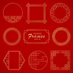 Asian frame set in vintage style on red background. Traditional chinese ornaments for your design. Vector golden japanese pattern. Artwork graphic, asian culture decoration