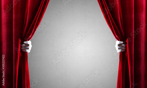 Concrete Wall Behind Drapery Curtain And Hand Opening It Buy