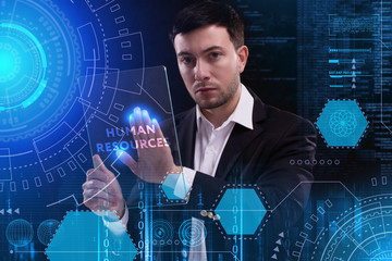 business, technology, internet and network concept. young businessman working on a virtual screen of