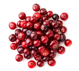 Wall Mural - Pile of red cranberries on a white background. The view of top.