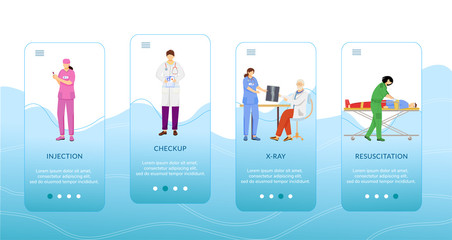 Wall Mural - medical procedures onboarding mobile app screen vector template. injection, checkup, resuscitation. 