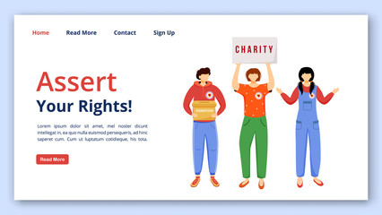 Wall Mural - Assert your rights landing page vector template. Charity website interface idea with flat illustrations. Fundraising campaign homepage layout. Social activism web banner, webpage cartoon concept