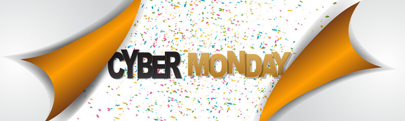 Wall Mural - Cyber Monday Sale banner or long narrow header for website. Design concept for big discount of the year with typography text and colorful confetti under peeling off wrapping paper. 