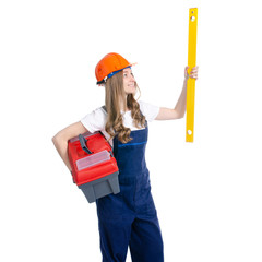 Wall Mural - Woman builder with work helmet holding building level, tool box, level on white background isolation