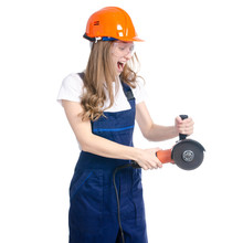 Woman Builder With Work Helmet, Protective Glasses Holding Sander On White Background Isolation