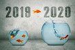 Gold fish jumping out of water in fishbowl with numbers 2019 2020