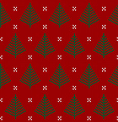 seamless knit red pattern with fir tree. christmas scandinavian fail isle backgroung