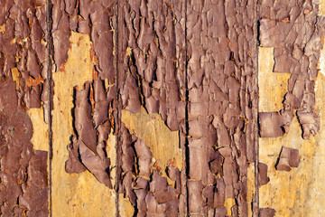 Macro yellow and brown cracked paint paint is severely weathered, damaged concrete rough texture on wooden wall. Peeling paint on wall seamless texture. Pattern of a rustic blue grunge material