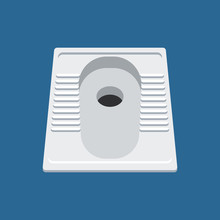 Squat Toilet Bowl Or Asian Style Floor Level Toilet Isolated On Blue Background. Vector Illustration