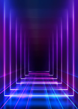 Empty Dark Abstract Background. Background Of An Empty Show Scene. Glow Of Neon Lights On An Empty Stage.