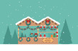 Christmas market greeting card with candy shop on teal background