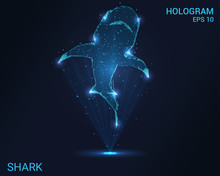 Hologram Shark. A Holographic Projection Of A Shark. Flickering Energy Flux Of Particles. Scientific Design Water World.