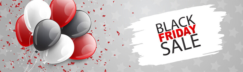 Wall Mural - Black Friday sale banner. Website or newsletter header. Special offer discount. Silver background with balloons. Vector illustration.
