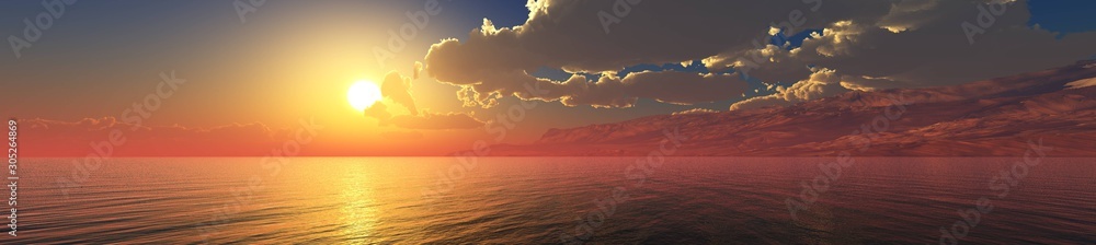 panorama of the ocean sunset, sea sunset, the sun in the clouds over the water, 3D rendering - obrazy, fototapety, plakaty 