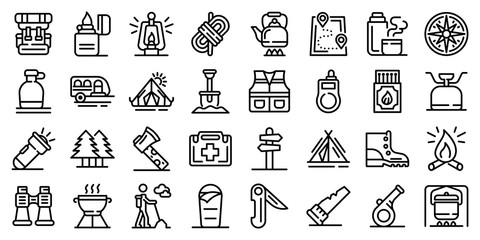 Wall Mural - Survival icons set. Outline set of survival vector icons for web design isolated on white background