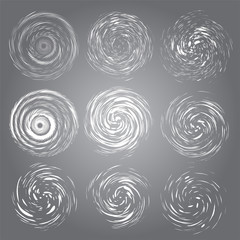 Hurricane swirls set. Vector top view tornado, swirling storm discs of shining stardust sparkles on dark background. Cold weather blizzard funnel, ice storm. Whirlwind winter symbol.